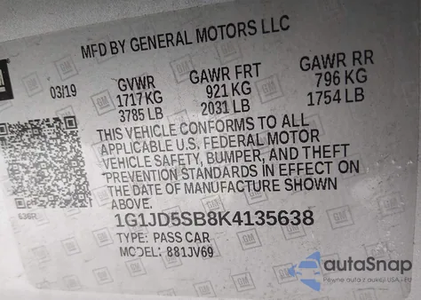 2019 Chevrolet Sonic Lt Auto из США, поврежденный, VIN 1G1JD5SB8K4135638